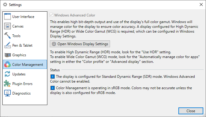 Settings: Color Management (SDR)